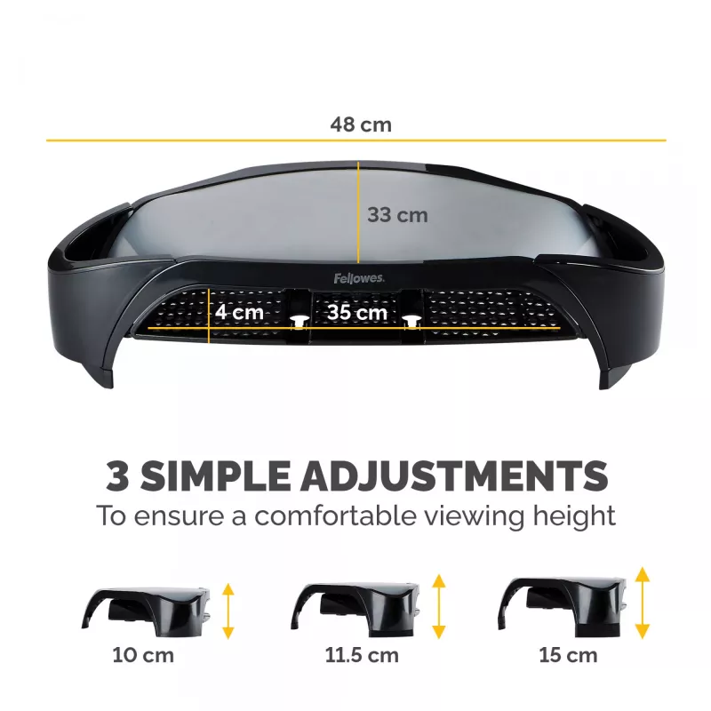 Fellowes arvutimonitori alus 3 kõrguse reguleerimisega – Smart Suites Monitor Riser Plus koos hoiualaga – ergonoomiline reguleeritav monitorialus arvutitele – maksimaalne kaal 10 kg / maksimaalne suurus 21 tolli – must
