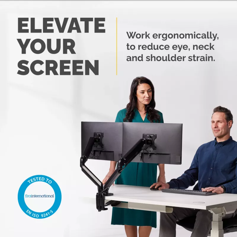 Fellowes Platinum Series kahe monitori käepide - monitorikinnitus kahele 8 kg 40-tollisele ekraanile - reguleeritav kahe monitori lauakinnitus - kaldenurk 45° pööre 180° pöörlemine 360°, VESA 75 x 75/100 x 100 - must