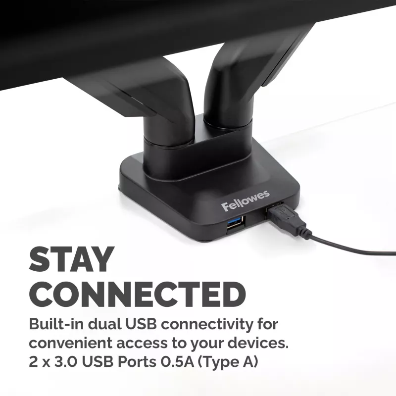 Fellowes Platinum Series kahe monitori käepide - monitorikinnitus kahele 8 kg 40-tollisele ekraanile - reguleeritav kahe monitori lauakinnitus - kaldenurk 45° pööre 180° pöörlemine 360°, VESA 75 x 75/100 x 100 - must