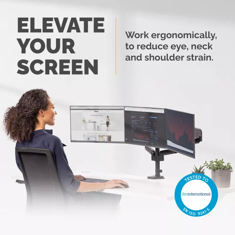 Fellowes Platinum Series kolmekordne monitorihoidik – monitorikinnitus kolmele 7 kg 27-tollisele ekraanile – reguleeritav kolmekordne monitori lauakinnitus – kaldenurk 45° pöördenurk 180° pöörlemine 360°, VESA 75 x 75/100 x 100 – must