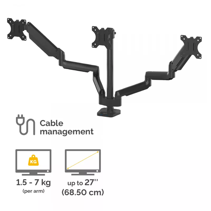 Fellowes Platinum Series kolmekordne monitorihoidik – monitorikinnitus kolmele 7 kg 27-tollisele ekraanile – reguleeritav kolmekordne monitori lauakinnitus – kaldenurk 45° pöördenurk 180° pöörlemine 360°, VESA 75 x 75/100 x 100 – must