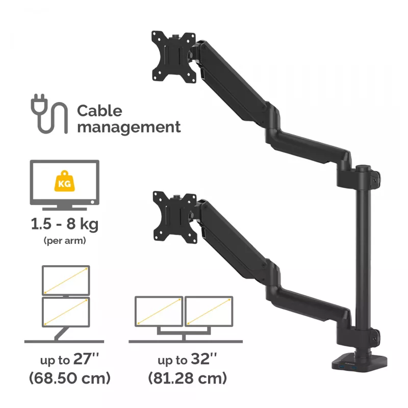 Fellowes Platinum Series kahe virnastatava monitori käepide – monitorikinnitus kahele 8 kg 27-tollisele ekraanile – reguleeritav kahe monitori lauakinnitus – kallutus 45° pööramine 180° pööre 360° pöörlemine 360°, VESA 75 x 75/100 x 100 – must
