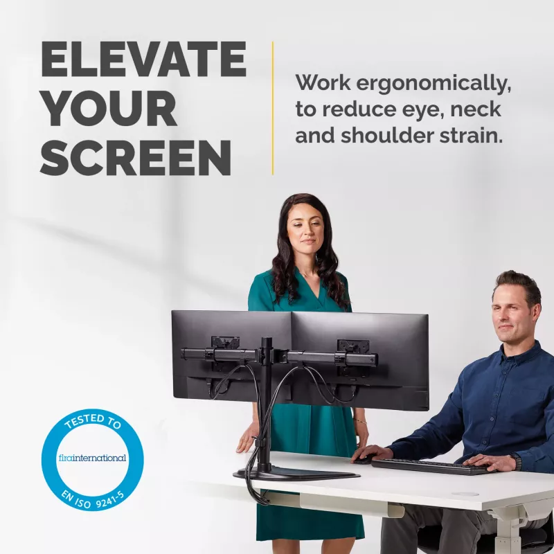 Fellowes Seasa kahe monitori käepide – eraldiseisev monitorikinnitus kuni 8 kg ja 27-tollistele ekraanidele – ergonoomiline reguleeritav monitorivars – kallutus 45°, pööre 120°, rotatsioon 360°, VESA 75 x 75 / 100 x 100 – must