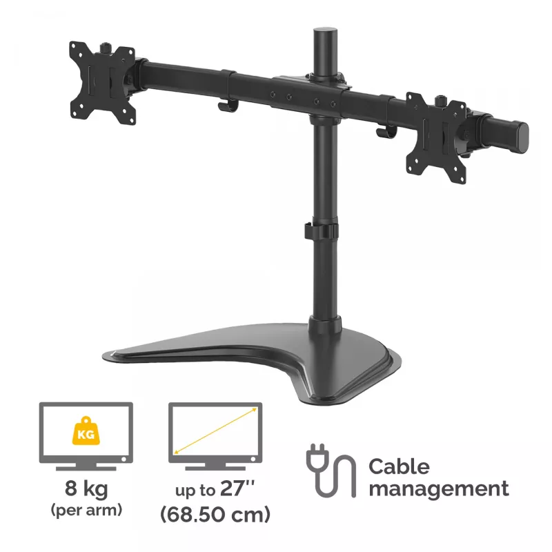 Fellowes Seasa kahe monitori käepide – eraldiseisev monitorikinnitus kuni 8 kg ja 27-tollistele ekraanidele – ergonoomiline reguleeritav monitorivars – kallutus 45°, pööre 120°, rotatsioon 360°, VESA 75 x 75 / 100 x 100 – must