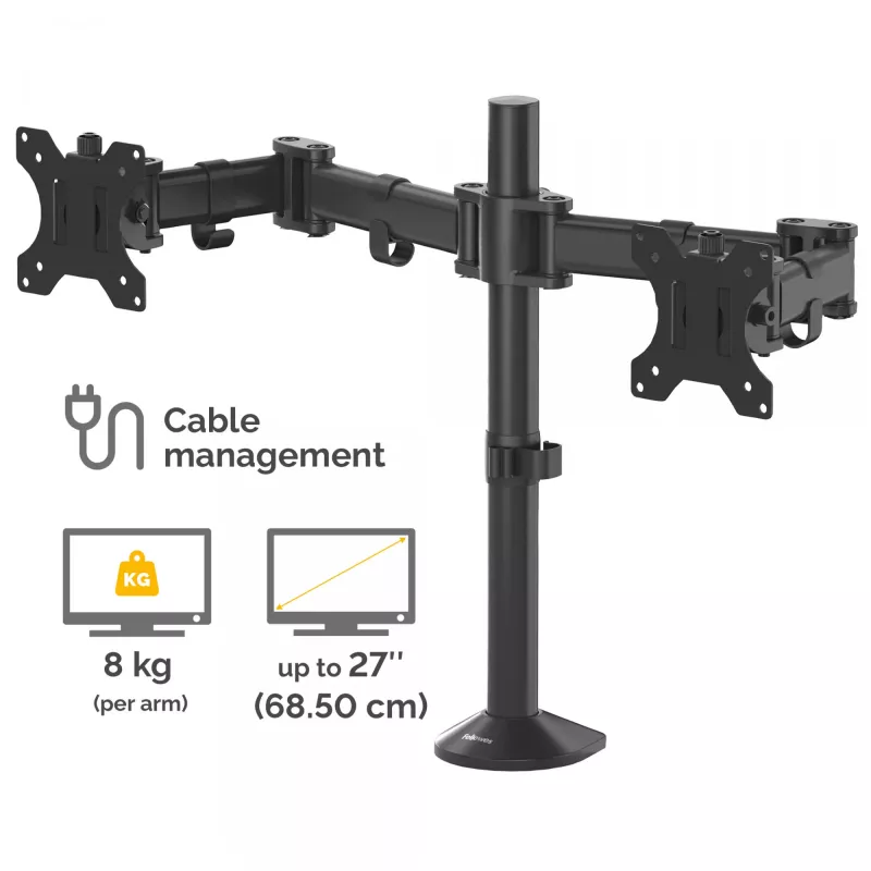Fellowes Reflex Dual Monitor Arm - kahe monitori kinnitus 8 kg kuni 27-tollistele ekraanidele - reguleeritav lauakinnitus - kallutus 45° pööre 180° pöörlemine 360°, VESA 75 x 75/100 x 100 - must