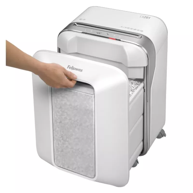 Fellowes Powershred LX201 mikroviilutuspaberihuntur valge, mikroviilutus, 23 cm, 2 x 12 mm, 22 L, puutetundlik, 4 ratast