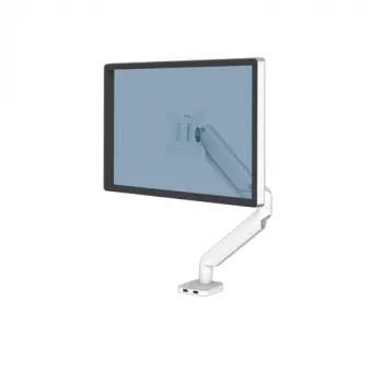 Fellowes Platinum seeria monitorihoidik - monitorikinnitus kuni 8 kg ja 40-tollistele ekraanidele - reguleeritav monitori lauakinnitus - kaldenurk 45°, pöördenurk 180°, pöördenurk 360°, pöörlemine 360°, VESA 75 x 75/100 x 100 - valge