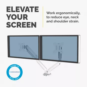 Fellowes Platinum Series Dual Monitor Arm - Monitor Mount for Two 8KG 40 inch Screens - Adjustable Dual Monitor Desk Mount - Tilt 45° Pan 180° Swivel 360° Rotation 360°, VESA 75 x 75/100 x 100 - Valge