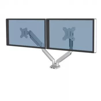 Fellowes Platinum seeria kahe monitori käsi – monitorikinnitus kahele 8 kg, 40-tollisele ekraanile – reguleeritav kahe monitori lauakinnitus – kalle 45°, pööre 180°, pöörlemine 360°, VESA 75 x 75/100 x 100 – hõbedane