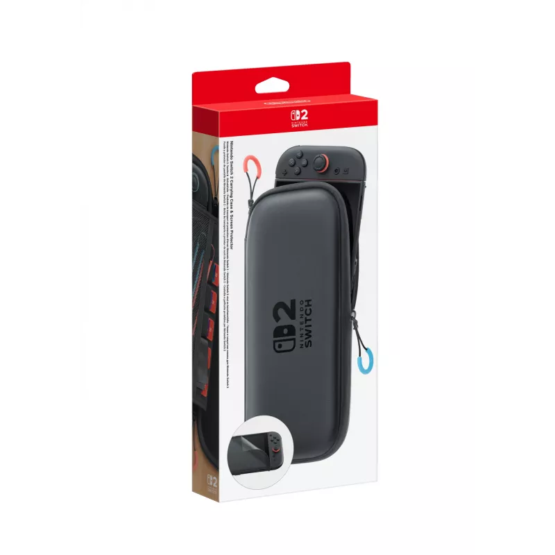 Nintendo Switch 2 kandekott ja ekraanikaitse, kõvakesta ümbris, Nintendo, must, Nintendo Switch 2, tõmblukk, 142 mm