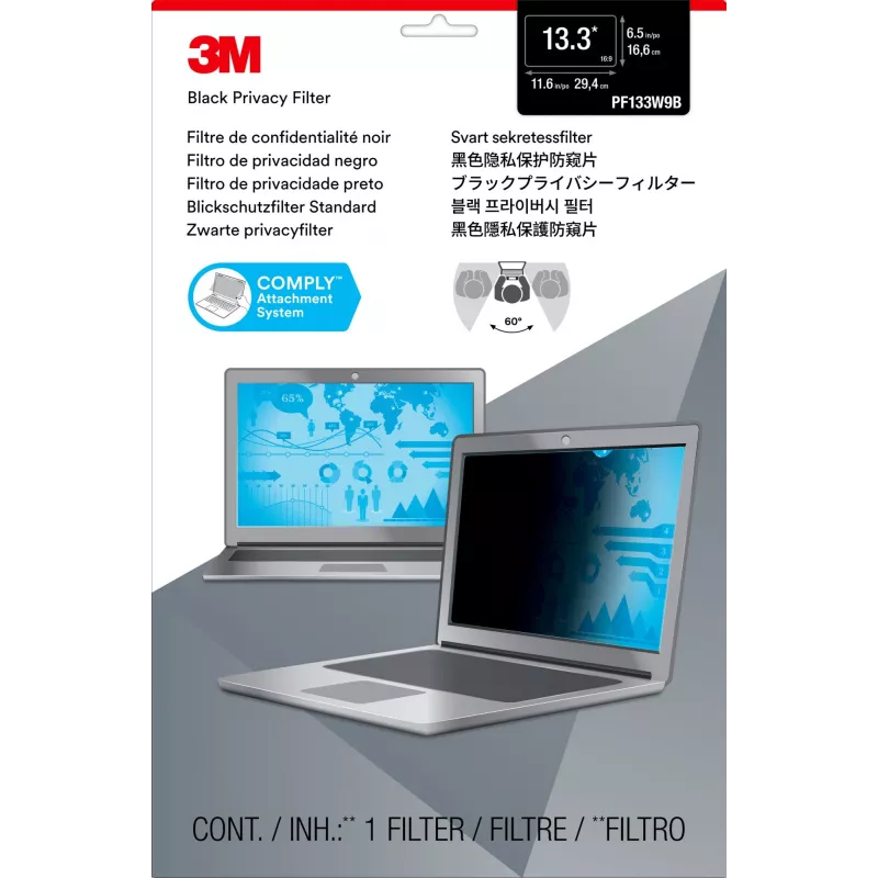 3M privaatsusfilter 13,3-tollisele laiekraansülearvutile, 33,8 cm (13,3 tolli), 16:9, sülearvuti, raamita ekraani privaatsusfilter, pimestamisvastane