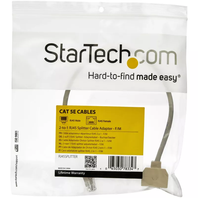 StarTech.com 2-to-1 RJ45 Splitter kaabliadapter - F/M, 10/100Base-T(X), Cat5e, hall, polüvinüülkloriid (PVC), 0.33 m, isane/emane