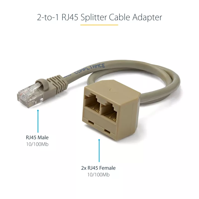 StarTech.com 2-to-1 RJ45 Splitter kaabliadapter - F/M, 10/100Base-T(X), Cat5e, hall, polüvinüülkloriid (PVC), 0.33 m, isane/emane