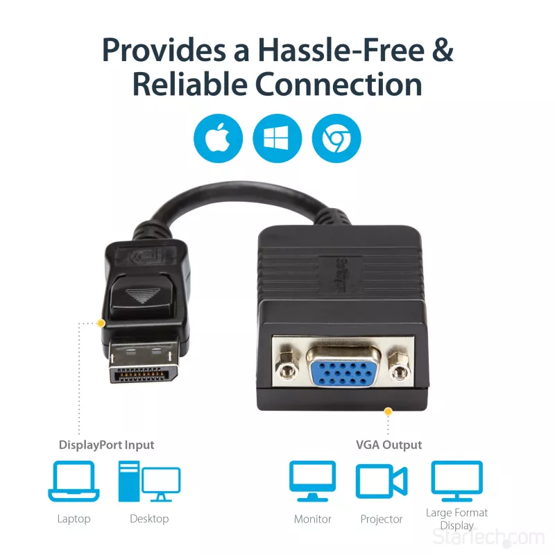 StarTech.com DisplayPort–VGA-adapter – aktiivne DP–VGA-muundur – 1080p-video – vastupidav – DP/DP++-allika ühendamine VGA-kuvari kaabeladapteri dongliga – DP 1.2–VGA – lukustuv DP-pistik