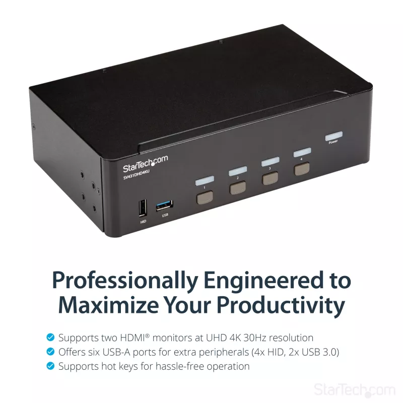 StarTech.com 4-pordiline HDMI KVM-lüliti – 4K 30 Hz – kaks ekraani