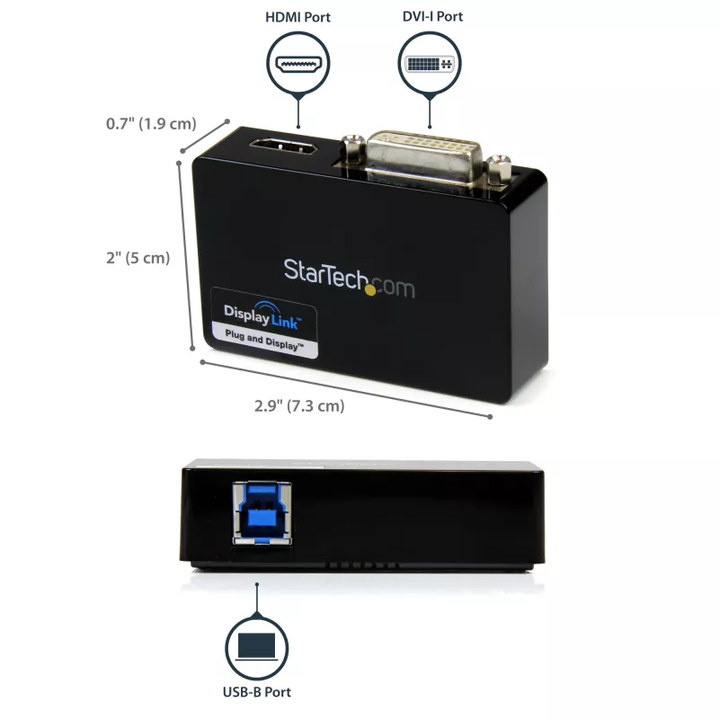 StarTech.com USB 3.0 HDMI/DVI-adapter - 2048x1152, 3.2 Gen 1 (3.1 Gen 1), USB tüüp-B, DVI-väljund, HDMI-väljund, 2048 x 1152 pikslit