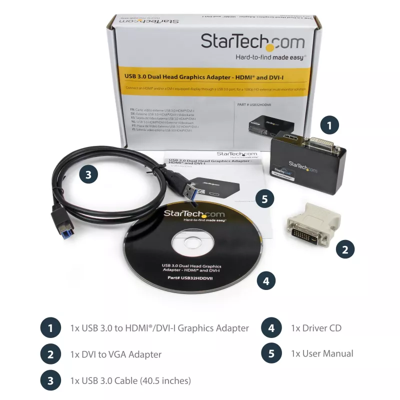 StarTech.com USB 3.0 HDMI/DVI-adapter - 2048x1152, 3.2 Gen 1 (3.1 Gen 1), USB tüüp-B, DVI-väljund, HDMI-väljund, 2048 x 1152 pikslit