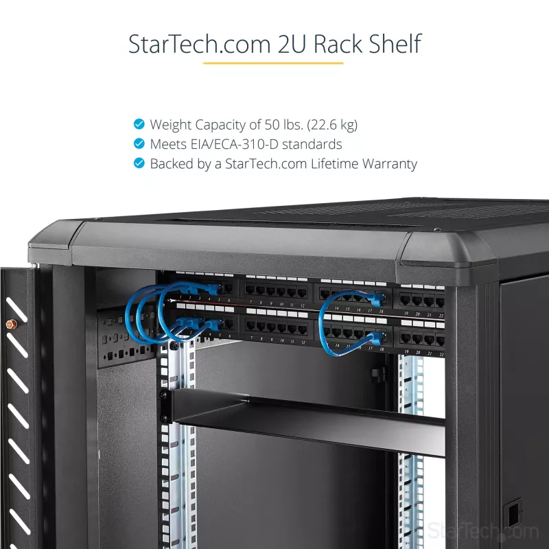 StarTech.com 2U serveririiuli riiul – universaalne 19-tollise võrguseadmete riiuli ja kapi konsoolriiul – vastupidav teras – kandevõime 23 kg – 22-tolline sügav alus, must