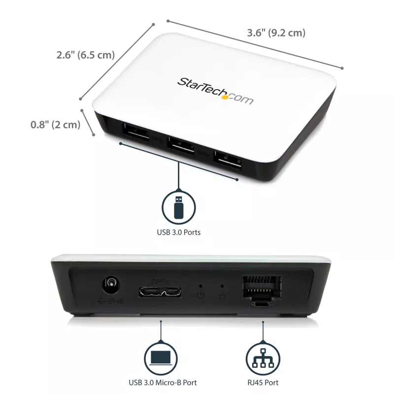 StarTech.com USB 3.0 Gigabit Etherneti NIC võrguadapter 3-pordilise jaoturiga – valge