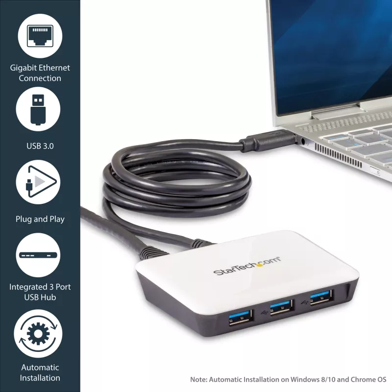 StarTech.com USB 3.0 Gigabit Etherneti NIC võrguadapter 3-pordilise jaoturiga – valge