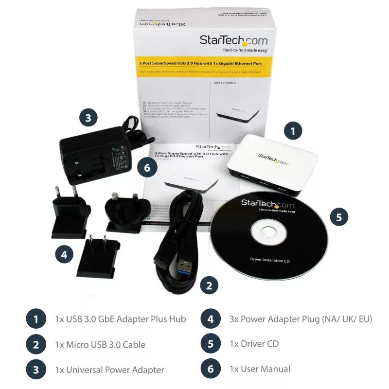 StarTech.com USB 3.0 Gigabit Etherneti NIC võrguadapter 3-pordilise jaoturiga – valge