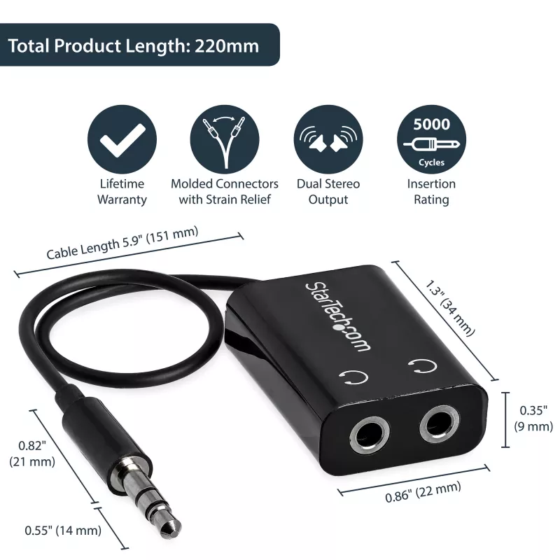 StarTech.com Must õhuke Mini Jack kõrvaklappide jaoturkaabel – 3,5 mm isane 2 x 3,5 mm emasele