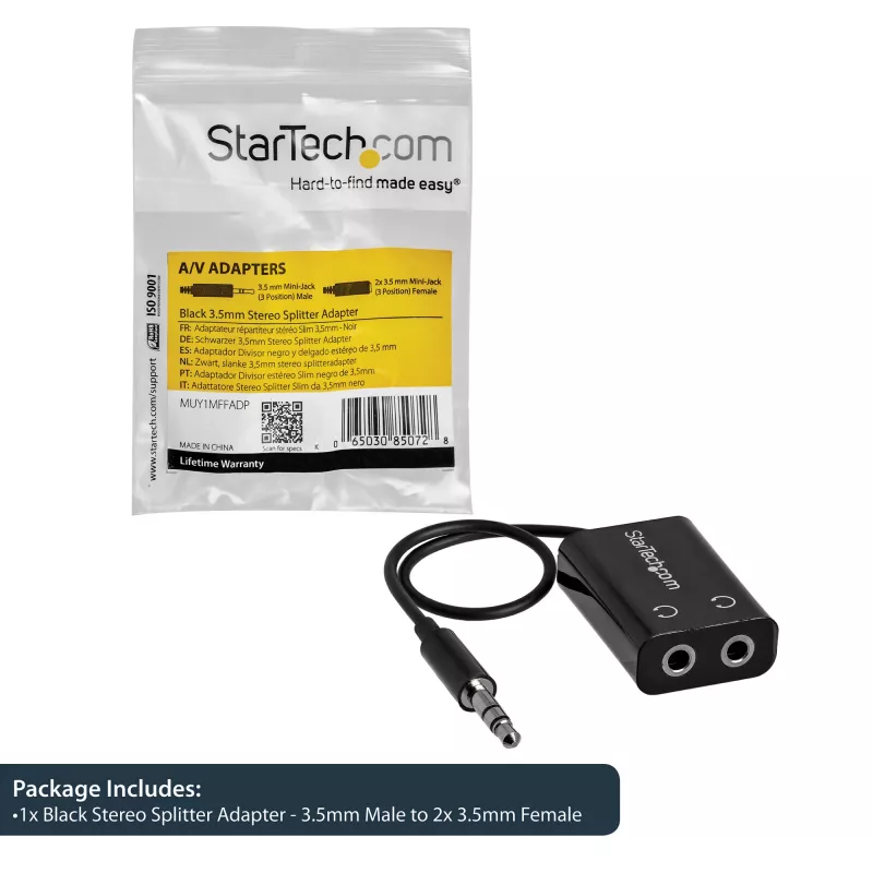 StarTech.com Must õhuke Mini Jack kõrvaklappide jaoturkaabel – 3,5 mm isane 2 x 3,5 mm emasele