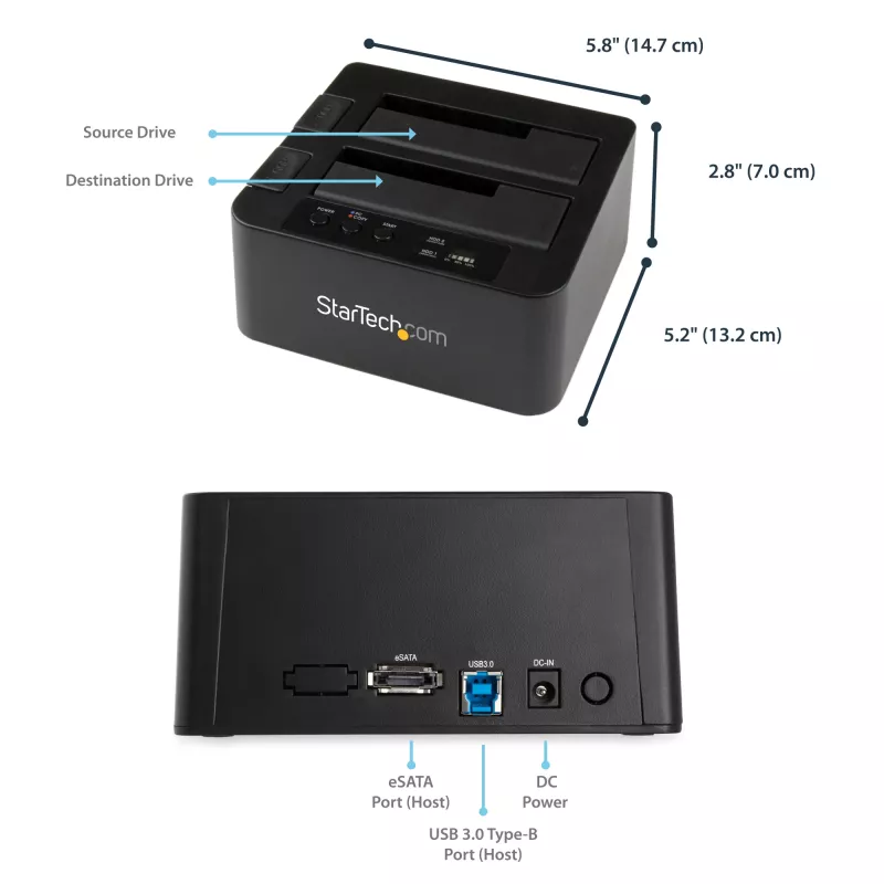 StarTech.com kahe pesaga kõvaketta duplikaator, eraldiseisev USB 3.0 (5 Gbps) / eSATA 2.5/3.5-tolliste SATA III HDD/SSD kloonija/koppija, kõvaketta dokkimisjaam, kõvaketta kloonija