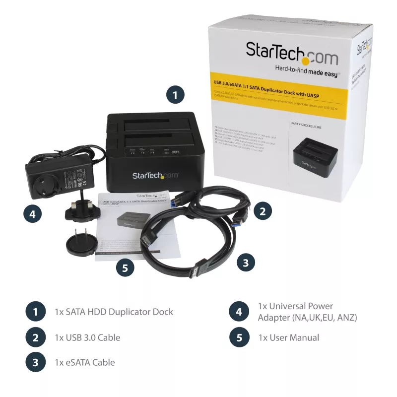 StarTech.com kahe pesaga kõvaketta duplikaator, eraldiseisev USB 3.0 (5 Gbps) / eSATA 2.5/3.5-tolliste SATA III HDD/SSD kloonija/koppija, kõvaketta dokkimisjaam, kõvaketta kloonija