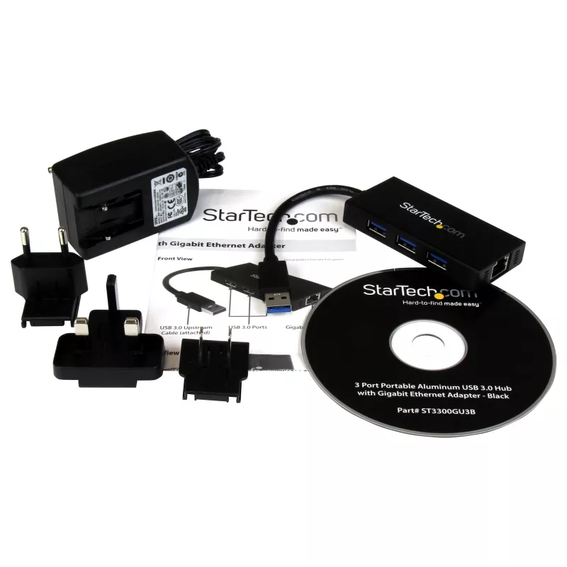 StarTech.com 3-pordiline kaasaskantav USB 3.0 jaotur ja Gigabit Ethernet - alumiiniumist sisseehitatud kaabliga