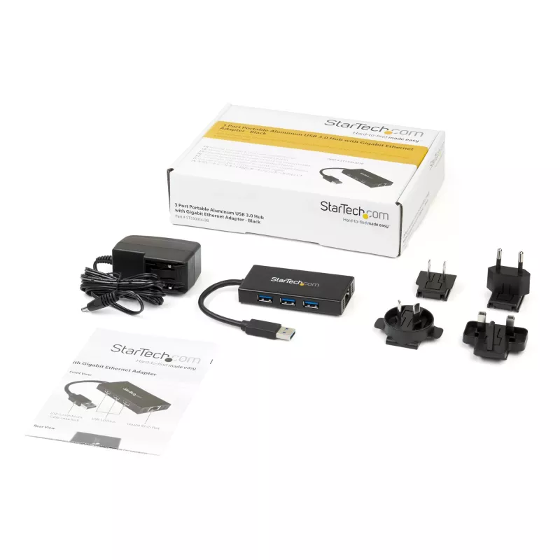 StarTech.com 3-pordiline kaasaskantav USB 3.0 jaotur ja Gigabit Ethernet - alumiiniumist sisseehitatud kaabliga