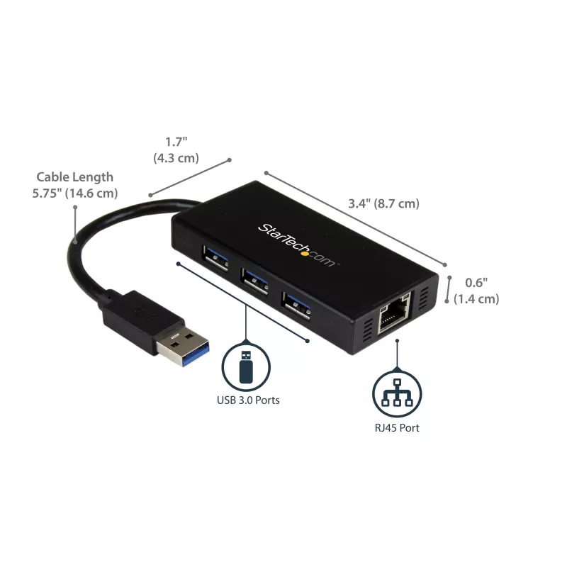 StarTech.com 3-pordiline kaasaskantav USB 3.0 jaotur ja Gigabit Ethernet - alumiiniumist sisseehitatud kaabliga