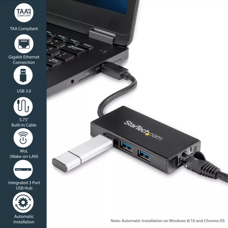 StarTech.com 3-pordiline kaasaskantav USB 3.0 jaotur ja Gigabit Ethernet - alumiiniumist sisseehitatud kaabliga