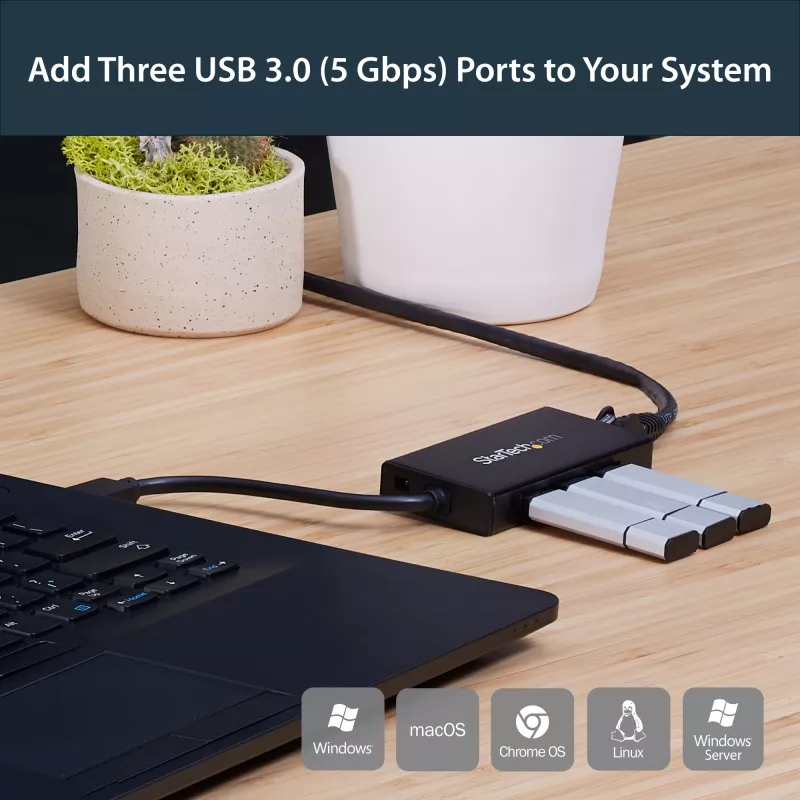 StarTech.com 3-pordiline kaasaskantav USB 3.0 jaotur ja Gigabit Ethernet - alumiiniumist sisseehitatud kaabliga