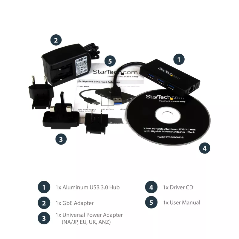 StarTech.com 3-pordiline kaasaskantav USB 3.0 jaotur ja Gigabit Ethernet - alumiiniumist sisseehitatud kaabliga