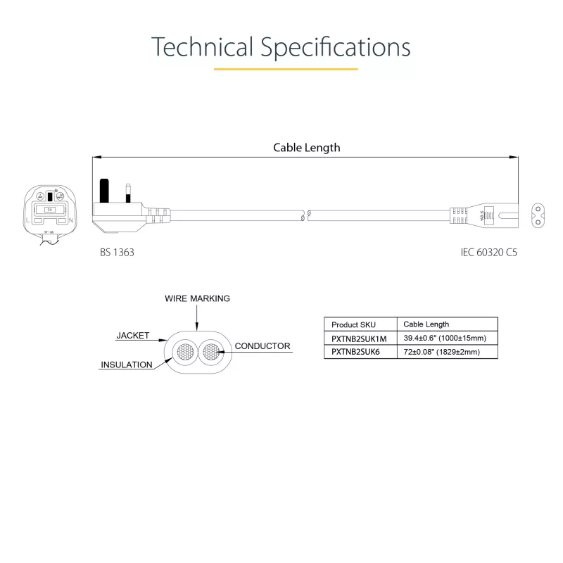 StarTech.com 3-jalane (1 m) UK sülearvuti toitekaabel, BS 1363 kuni C7, 2,5 A 250 V, 18AWG, must, UK sülearvuti asendusjuhe, printeri toitekaabel, vahelduvvoolu sülearvuti laadimisjuhe, sülearvuti toiteploki juhe