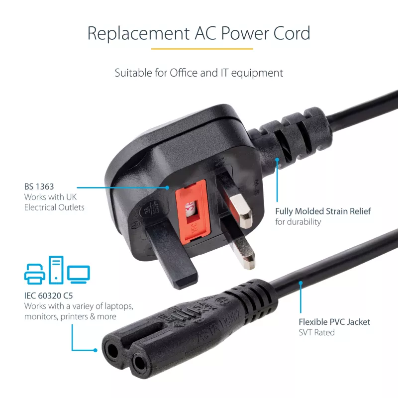 StarTech.com 3-jalane (1 m) UK sülearvuti toitekaabel, BS 1363 kuni C7, 2,5 A 250 V, 18AWG, must, UK sülearvuti asendusjuhe, printeri toitekaabel, vahelduvvoolu sülearvuti laadimisjuhe, sülearvuti toiteploki juhe