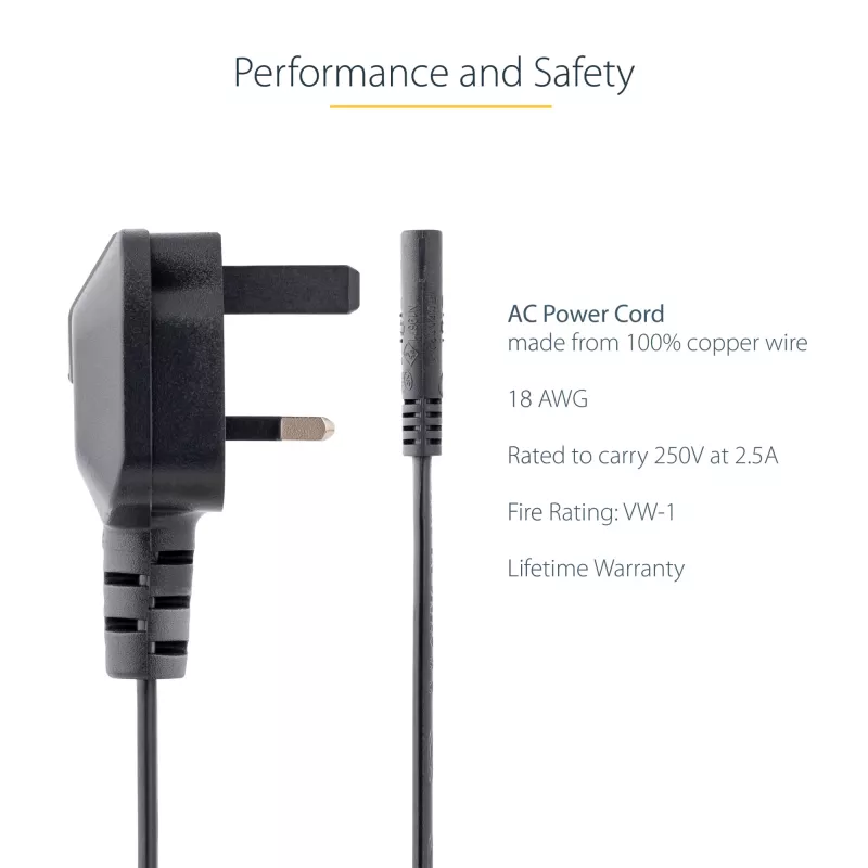 StarTech.com 3-jalane (1 m) UK sülearvuti toitekaabel, BS 1363 kuni C7, 2,5 A 250 V, 18AWG, must, UK sülearvuti asendusjuhe, printeri toitekaabel, vahelduvvoolu sülearvuti laadimisjuhe, sülearvuti toiteploki juhe