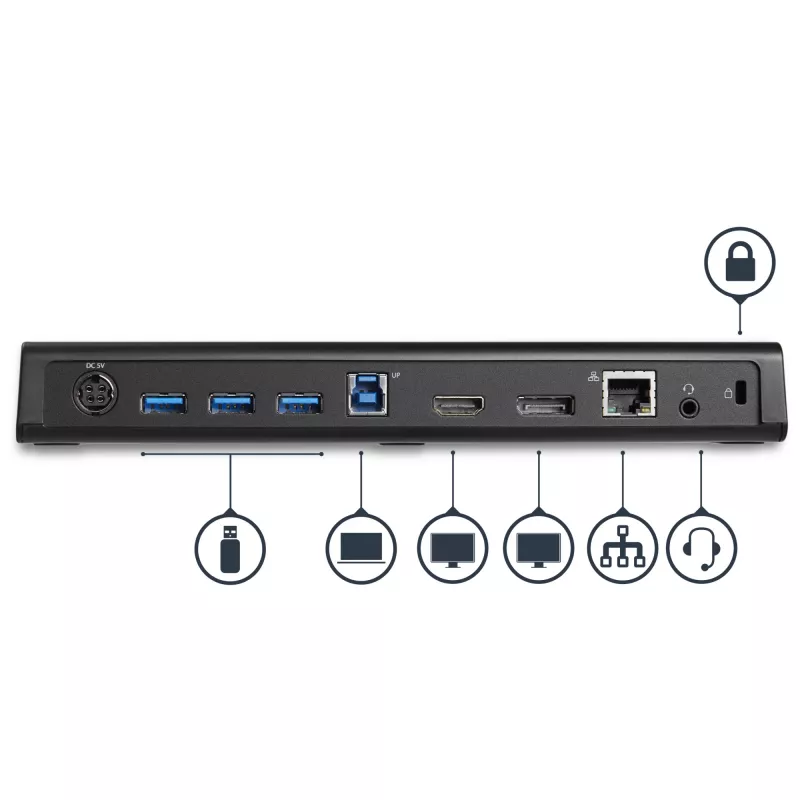 StarTech.com USB 3.0 dokkimisjaam kahe monitoriga, HDMI ja 4K DisplayPort - USB 3.0 kuni 4x USB-A, Ethernet, HDMI ja DP - USB Type A universaalne sülearvuti dokkimisjaam Macile ja Windowsile
