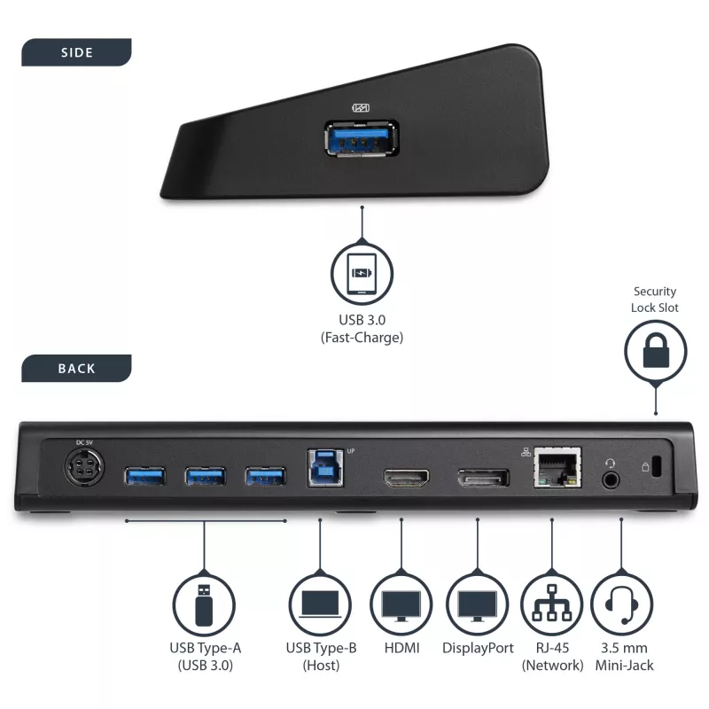 StarTech.com USB 3.0 dokkimisjaam kahe monitoriga, HDMI ja 4K DisplayPort - USB 3.0 kuni 4x USB-A, Ethernet, HDMI ja DP - USB Type A universaalne sülearvuti dokkimisjaam Macile ja Windowsile