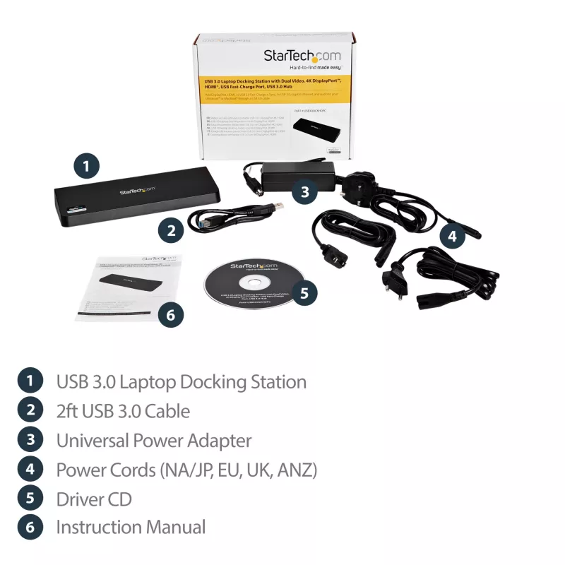 StarTech.com USB 3.0 dokkimisjaam kahe monitoriga, HDMI ja 4K DisplayPort - USB 3.0 kuni 4x USB-A, Ethernet, HDMI ja DP - USB Type A universaalne sülearvuti dokkimisjaam Macile ja Windowsile