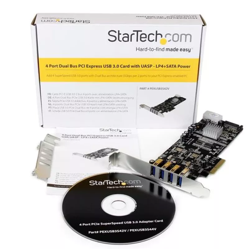 StarTech.com 4-pordiline PCI Express USB 3.0 kaart, PCIe, USB 3.2 Gen 1 (3.1 Gen 1), täiskõrgus / madalprofiil, PCI 2.0, must, roostevaba teras, 3 m