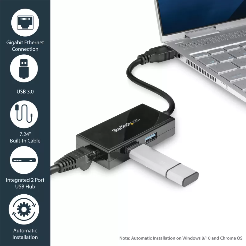 StarTech.com USB–Etherneti adapter, USB 3.0 – 10/100/1000 Gigabit Ethernet LAN-muundur sülearvutitele, 11,8 tolli / 30 cm ühendatud kaabel, USB–RJ45 adapter, võrguadapter, USB-võrguadapter