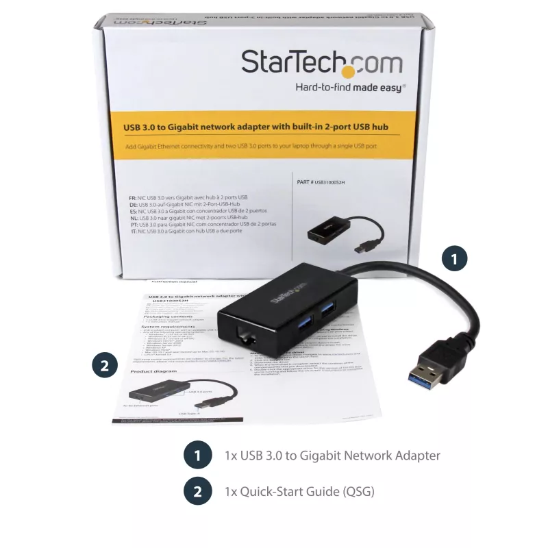 StarTech.com USB–Etherneti adapter, USB 3.0 – 10/100/1000 Gigabit Ethernet LAN-muundur sülearvutitele, 11,8 tolli / 30 cm ühendatud kaabel, USB–RJ45 adapter, võrguadapter, USB-võrguadapter