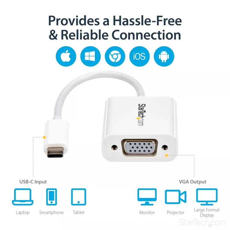 StarTech.com USB-C–VGA-adapter – valge, 3.2 Gen 1 (3.1 Gen 1), USB USB-C, VGA (D-Sub) väljund, 1920 × 1200 pikslit