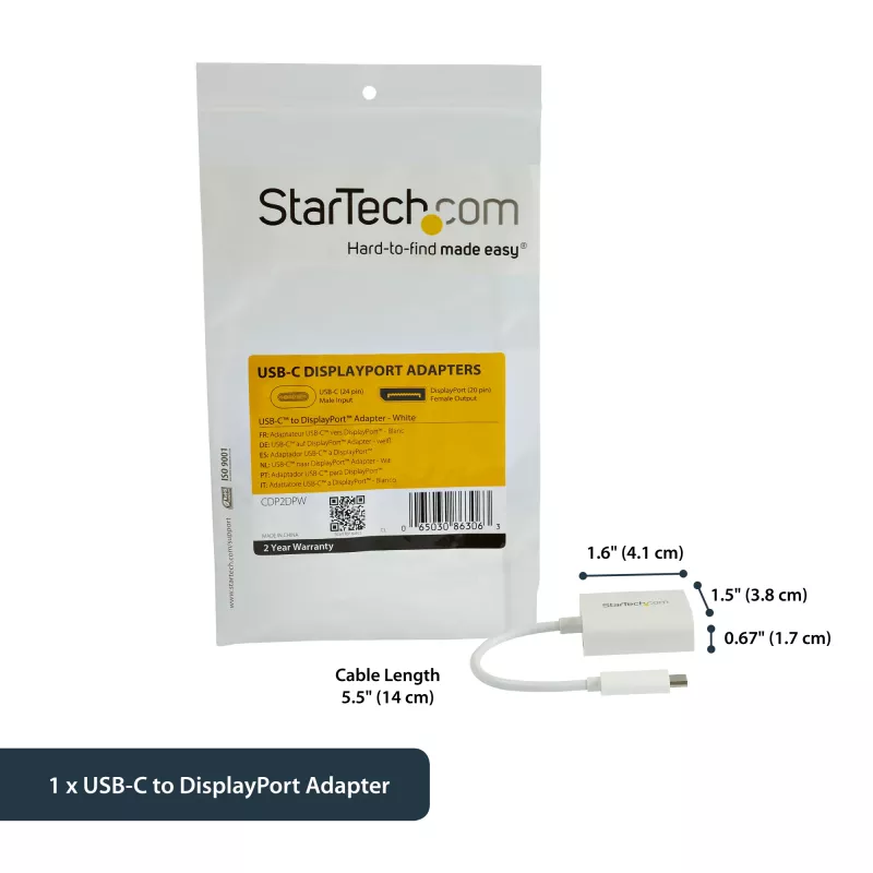 StarTech.com USB-C–DisplayPort-adapter – 4K 60 Hz/8K 30 Hz – USB USB-C–DP 1.4 HBR2 adapteri dongel – kompaktne USB-C (DP Alt Mode) monitori videomuundur – Thunderbolt 3 ühilduv – valge