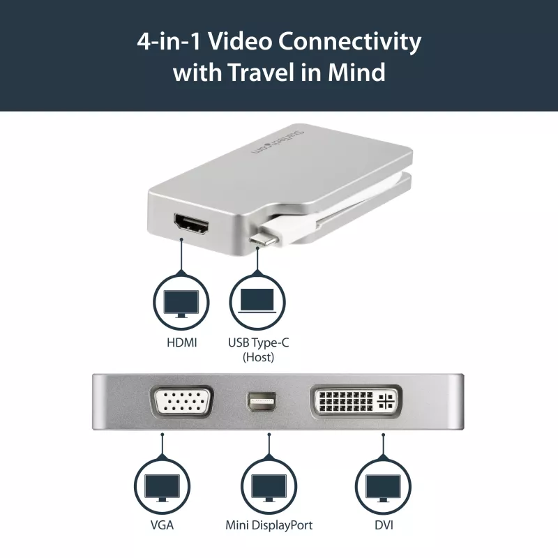 StarTech.com USB-C mitme pordiga videoadapter HDMI, VGA, Mini DisplayPorti või DVI-ga – USB USB-C monitoriadapter HDMI 1.4-le või mDP 1.2-le (4K) – VGA või DVI (1080p) – hõbedane alumiinium