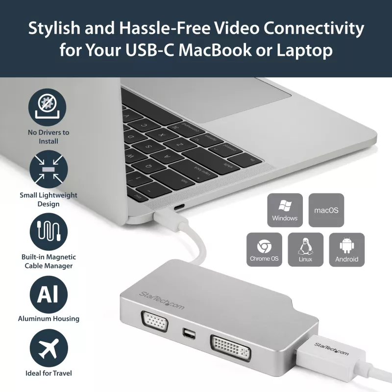 StarTech.com USB-C mitme pordiga videoadapter HDMI, VGA, Mini DisplayPorti või DVI-ga – USB USB-C monitoriadapter HDMI 1.4-le või mDP 1.2-le (4K) – VGA või DVI (1080p) – hõbedane alumiinium