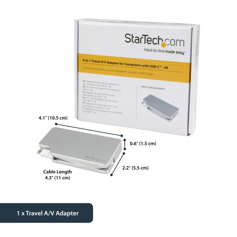 StarTech.com USB-C mitme pordiga videoadapter HDMI, VGA, Mini DisplayPorti või DVI-ga – USB USB-C monitoriadapter HDMI 1.4-le või mDP 1.2-le (4K) – VGA või DVI (1080p) – hõbedane alumiinium
