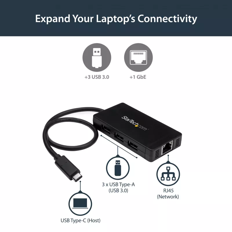 StarTech.com 3-pordiline USB 3.0 jaotur ja Gigabit Ethernet - USB-C - sisaldab toiteadapterit~3-pordiline USB-C jaotur koos Gigabit Ethernetiga - USB-C kuni 3x USB-A - USB 3.0 (5 Gbit/s) - sisaldab toiteadapterit